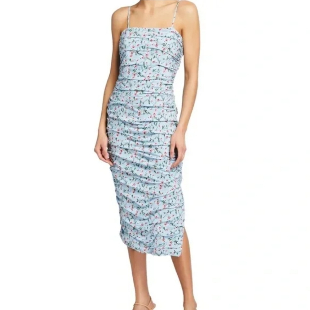 Bardot Rouched Floral Midi Dress in Sky Roses NWT      Size 10/L